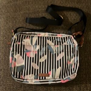 Black and White Striped Crossbody Bag with Heart Accents